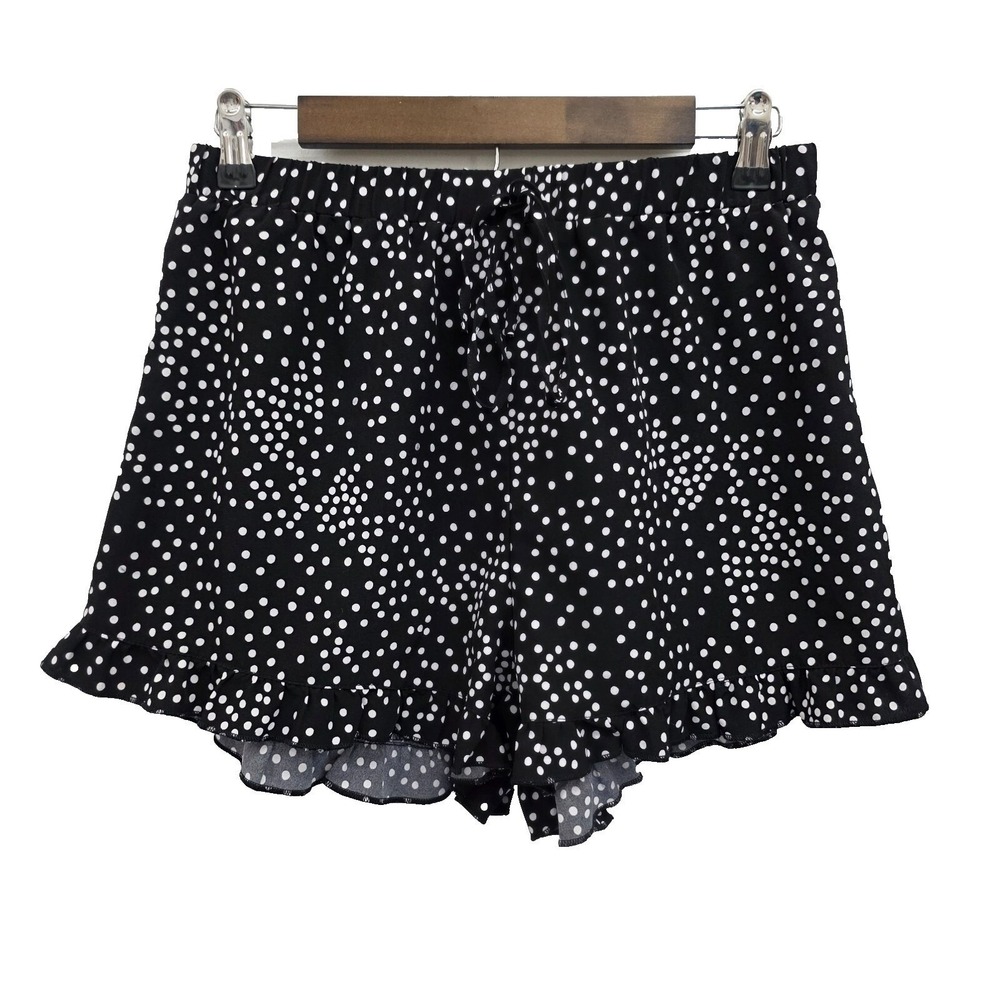 Polka‎ Dot Ruffle Shorts Black White Drawstring Waist L Lightweight Loungewear